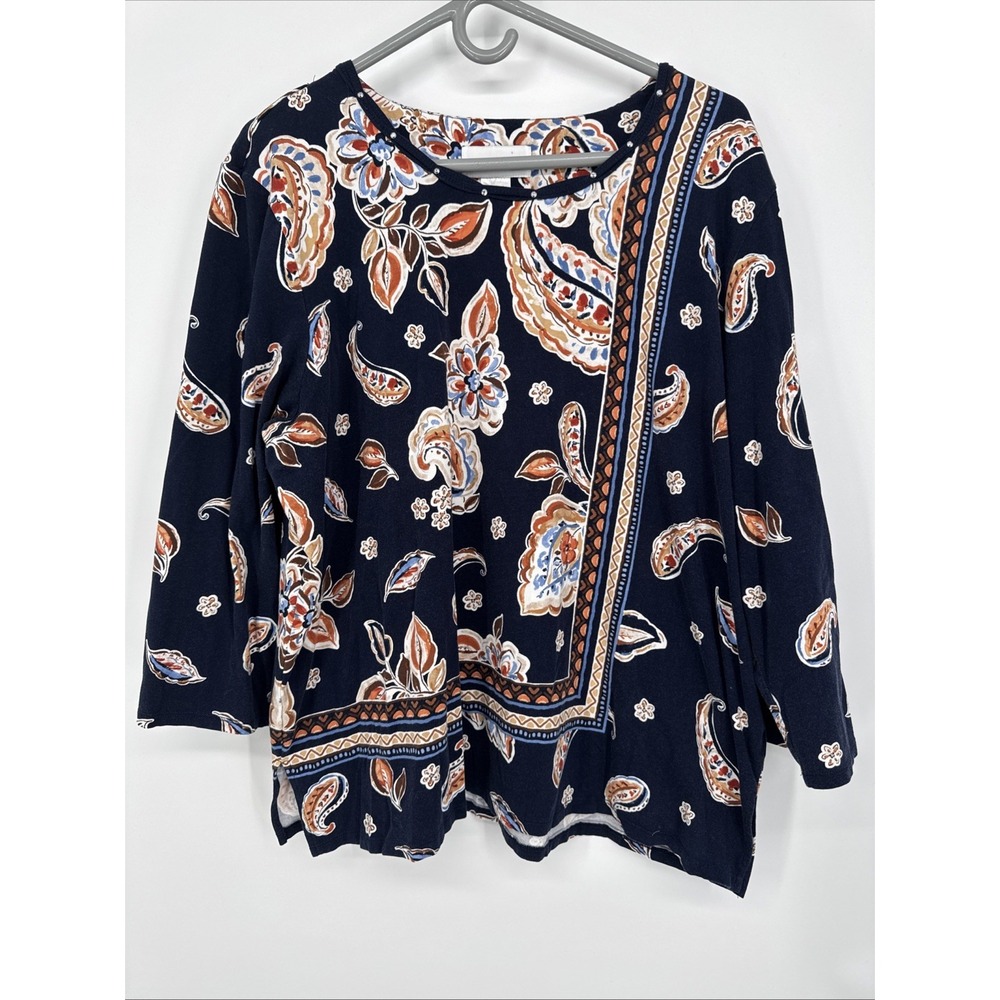 Alfred Dunner Womens Floral 3/4 Sleeve Embellished Neck Shirt Sz Xl